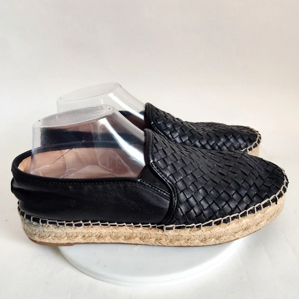 Sam Edelman Espadrilles Flats 9.5 M Black Woven Leather Slip On Platform Shoes